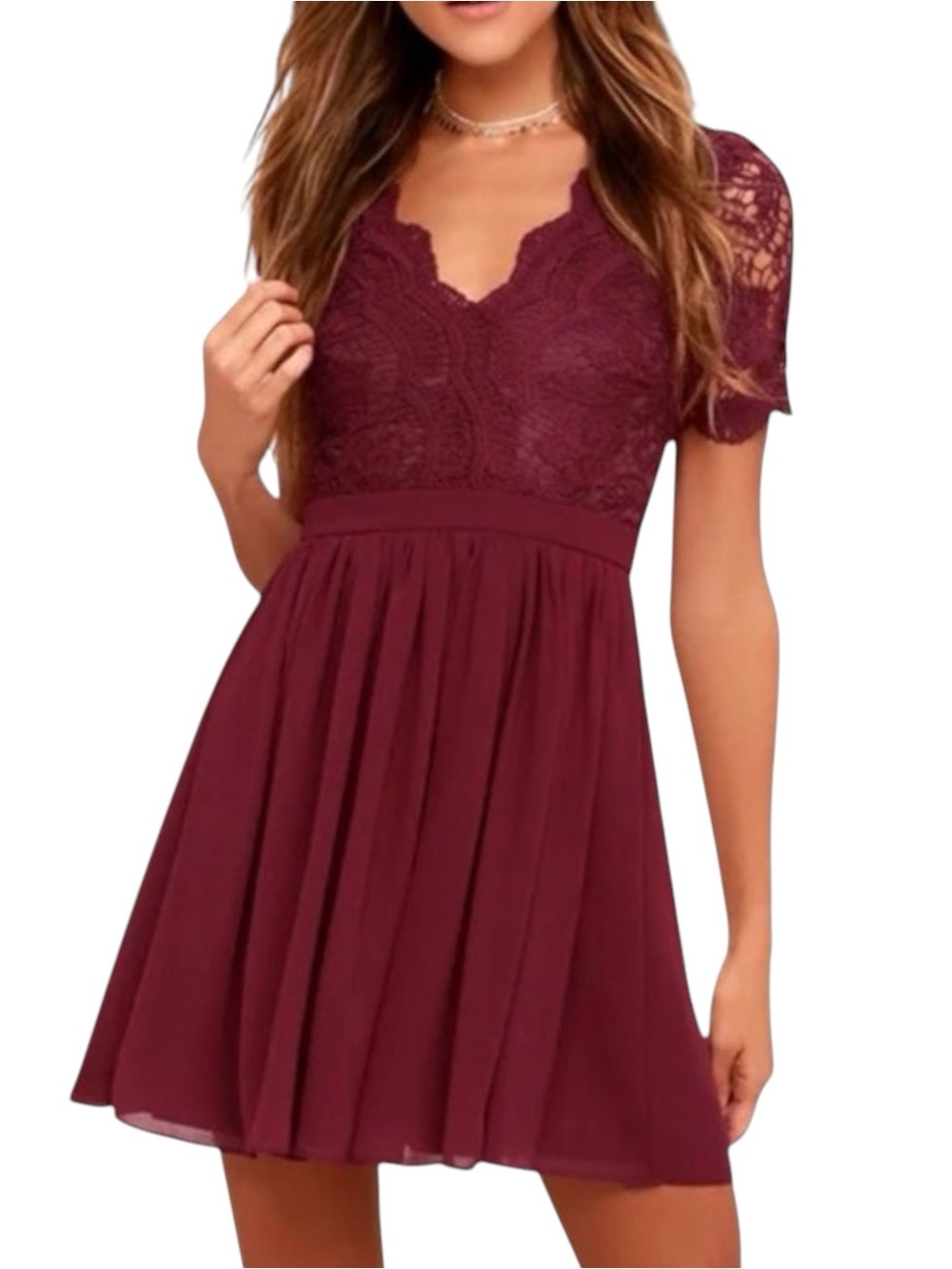 Lulus Sheer Burgundy Lace Short Sleeve Dress NWT Size L Party Event Feminine